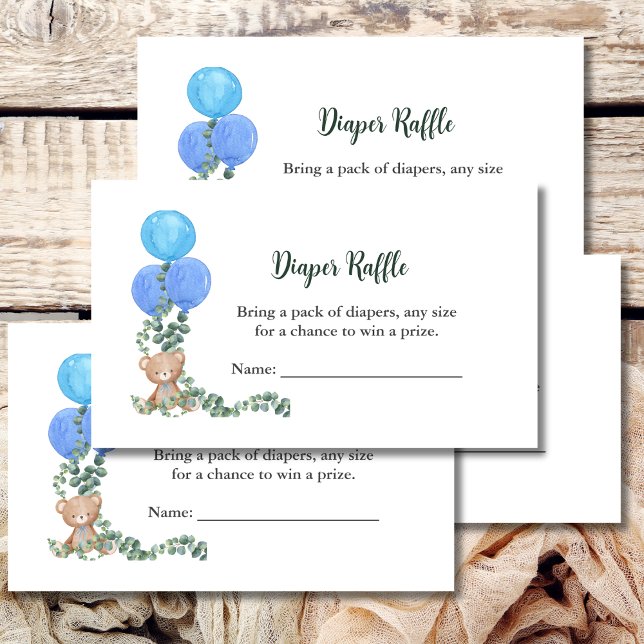Diaper Raffle Game Bear Blue Ballon Eukalyptus Begleitkarte (Von Creator hochgeladen)