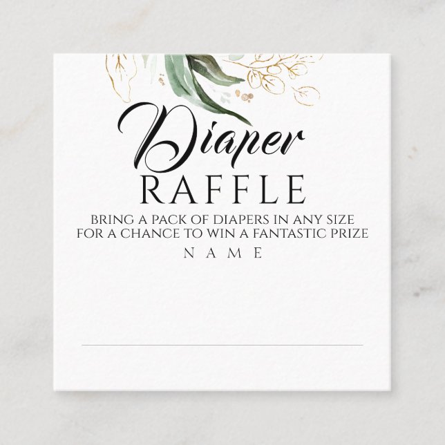 Diaper Raffle Gold Greenery Baby Dusche Quadratische Visitenkarte (Vorderseite)