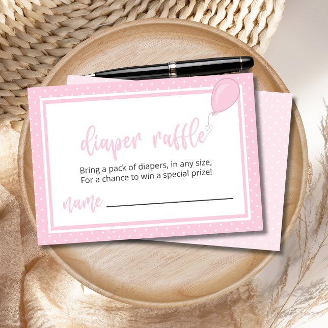 Diaper Raffle Pastel Pink Polka Dot Girl BOHO Einladung (Pink Polka Dot Diaper Raffle Enclosure Card with Balloon, Customize with Your Own Poem.)