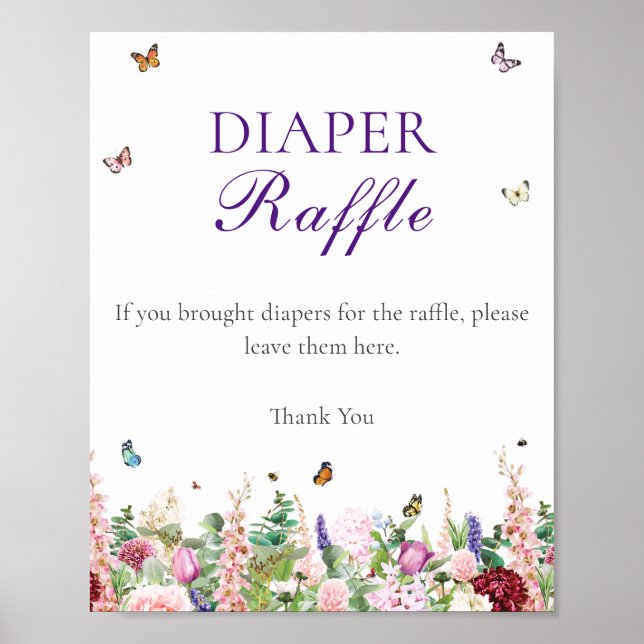 Diaper Raffle | Rosa violette Blumen und Schmetter Poster (Vorne)