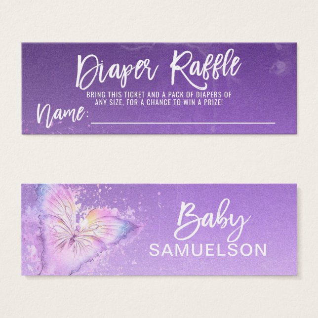 DIAPER RAFFLE Ticket Butterfly Lila Babydusche (Vorne & Hinten)