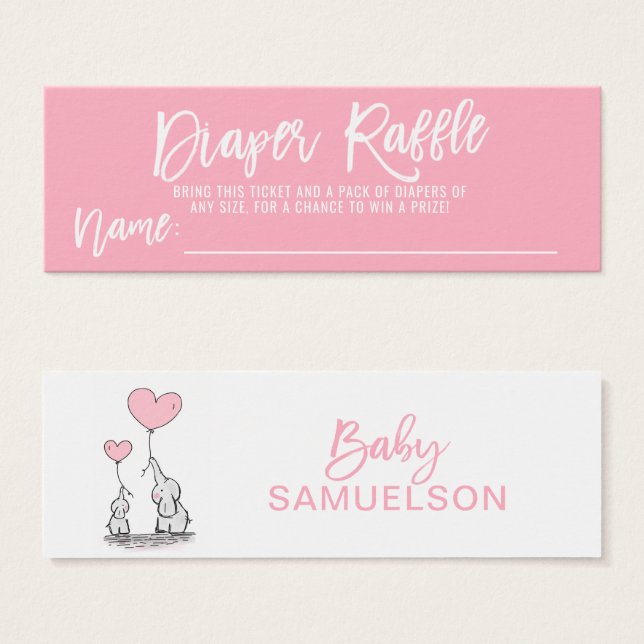DIAPER RAFFLE Ticket Pink Elephant Baby Dusche (Vorne & Hinten)