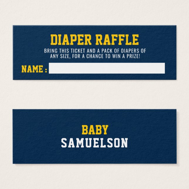 DIAPER RAFFLE Ticket Sport Blue Yellow Baby Dusche (Vorne & Hinten)