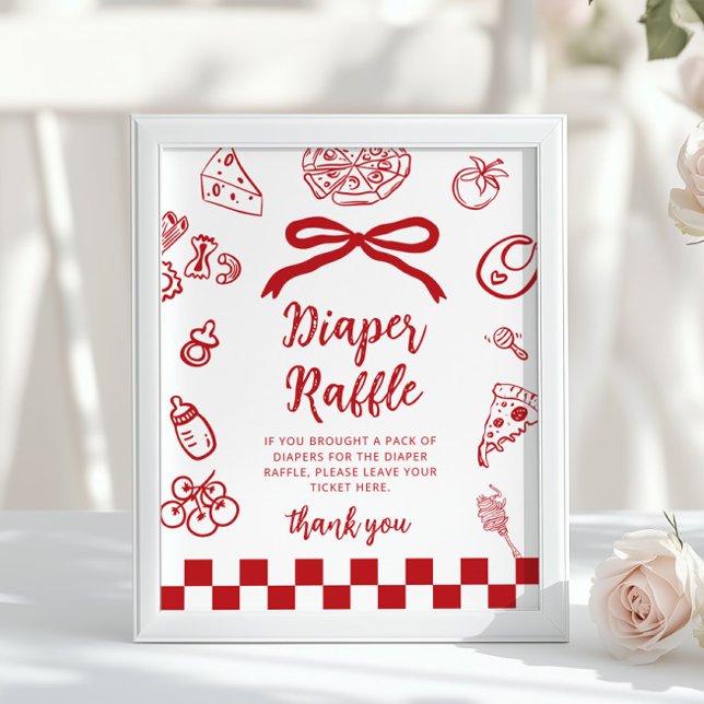 Diaper raffle Whimsical Red Bow Pizza Baby Shower Poster (Von Creator hochgeladen)