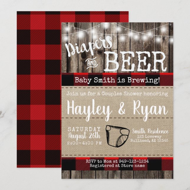 Diapers & Beer Buffalo Kariert Baby Couples Dusche Einladung (Vorne/Hinten)