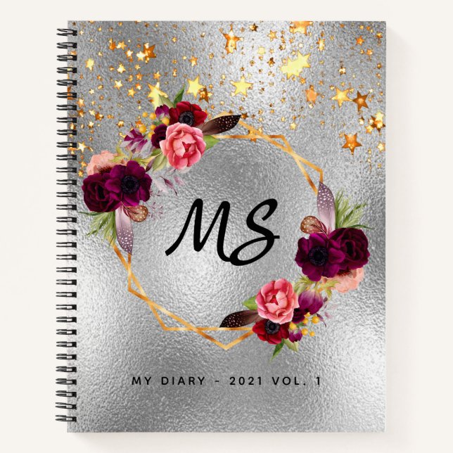 Diary silber floral burgundy monogram notizbuch (Vorderseite)