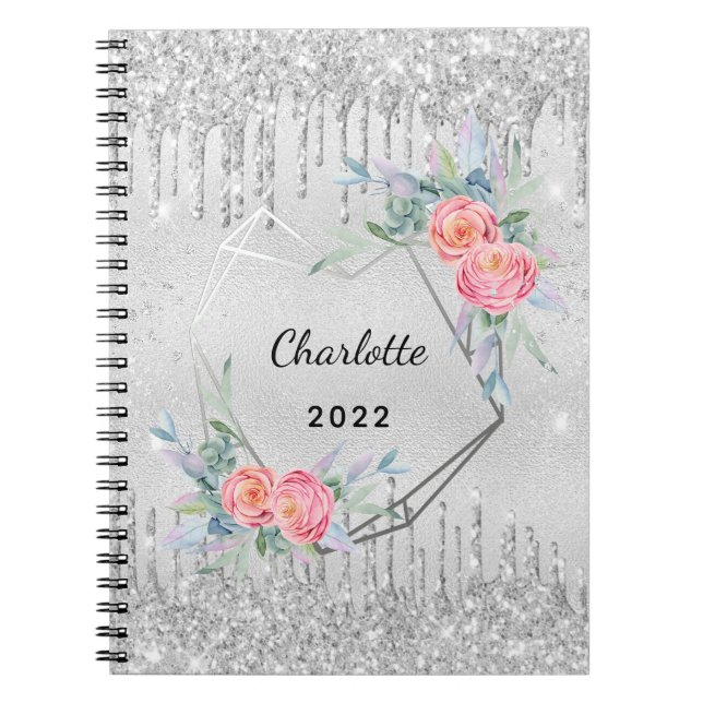 Diary silver floral glitter blush pink name notizblock (Vorderseite)