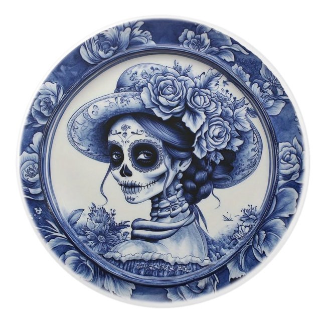 Dias Los Muertos Blue & White Keramikknauf (Vorderseite)