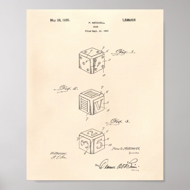 Dice 1925 Patent Art Old Peper Poster (Vorne)