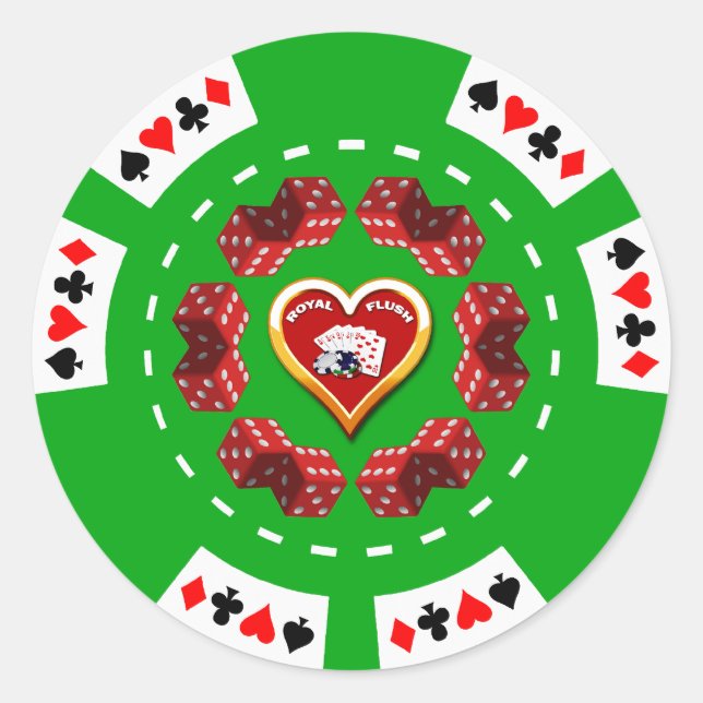 DICE UND ROYAL FLUSH POKER CHIP RUNDER AUFKLEBER (Vorderseite)