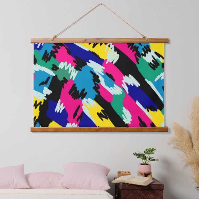Dicke Abstrakte Kunst in Primärfarben Wandteppich Mit Holzrahmen (Schlafzimmer)