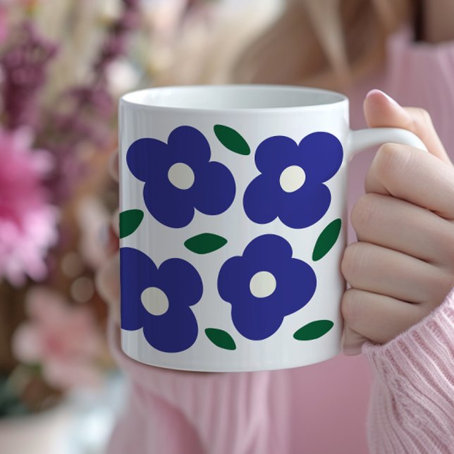 Dicke Abstrakte Retro-Blume-Muster Kaffeetasse (navy blue abstract floral art coffee mug)