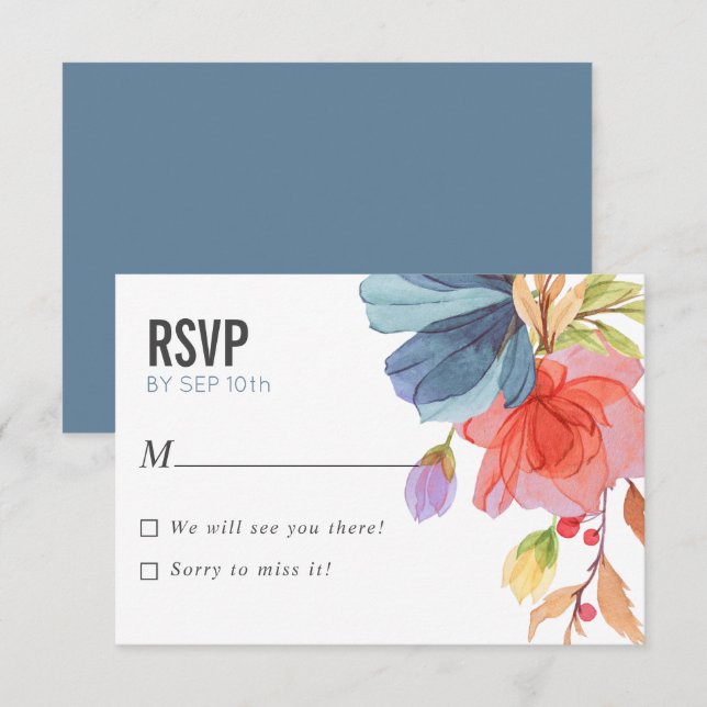 Dicke Aquarellfarben Wildblumen Blaue Hochzeit RSV Einladung (Vorne/Hinten)