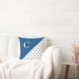 Dicke Blau auf weißem Polka Dot Muster Monogram Kissen