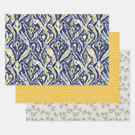 Dicke, blau gelb, Abstrakt, klassisch Ikat Muster Geschenkpapier Set
