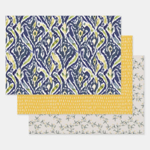 Dicke, blau gelb, Abstrakt, klassisch Ikat Muster Geschenkpapier Set