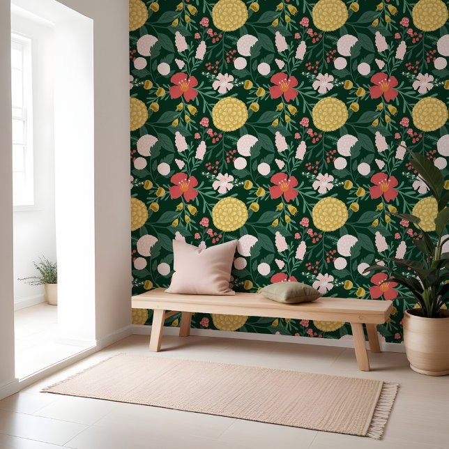 Dicke Blumenblüten Botanisches Gartenmuster Tapete (Bold Floral Blossoms Botanical Garden Pattern Wallpaper)