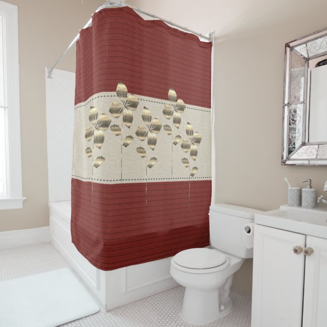 Dicke Burgundlinen Streifen Gold-Blume Duschvorhang (Beispiel)
