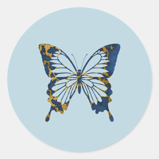 Dicke dunkelblaue und goldene Marmorbutterfly Runder Aufkleber (Vorderseite)