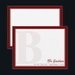 Dicke dunkelrote Monogramm-Familiengestation Mitteilungskarte<br><div class="desc">Dieses Design verfügt über ein fett formatiertes, verblasstes Monogramm im Hintergrund und Platz für einen Namen/Text am unteren Rand. Klicken Sie auf die Schaltfläche Anpassen, wenn Sie die Designelemente anpassen und/oder den Text weiter verändern möchten! Variationen dieses Designs, zusätzliche Farben sowie koordinierende Produkte sind in unserem Shop, zazzle.com/store/doodlelulu verfügbar. Kontaktieren...</div>