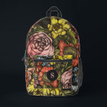 Dicke dunkle Vintage Florals Rosa Monogramm Bedruckter Rucksack<br><div class="desc">Dieser wunderschöne, stilvolle und Vintage Rucksack mit einem kühnen, dunklen Blumendesign in Rosa, Hellgelb, Korallen, Orange, Blau und Grün. Eine Textvorlage für Monogramme ist im Lieferumfang enthalten. Verwenden Sie sie, um Ihren Rucksack zu personalisieren oder zu entfernen, falls Sie kein Monogramm bevorzugen. Ideal für Jugendliche, die zur Schule gehen wollen!...</div>