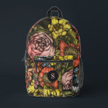 Dicke dunkle Vintage Florals Rosa Monogramm Bedruckter Rucksack<br><div class="desc">Dieser wunderschöne, stilvolle und Vintage Rucksack mit einem kühnen, dunklen Blumendesign in Rosa, Hellgelb, Korallen, Orange, Blau und Grün. Eine Textvorlage für Monogramme ist im Lieferumfang enthalten. Verwenden Sie sie, um Ihren Rucksack zu personalisieren oder zu entfernen, falls Sie kein Monogramm bevorzugen. Ideal für Jugendliche, die zur Schule gehen wollen!...</div>