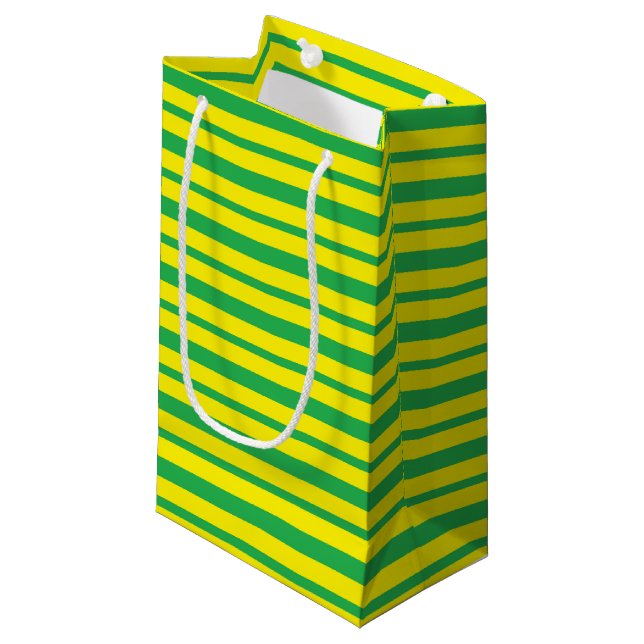 Dicke, dünne, grüne und gelbe Streifen Kleine Geschenktüte (Vorderseite Schrägansicht)