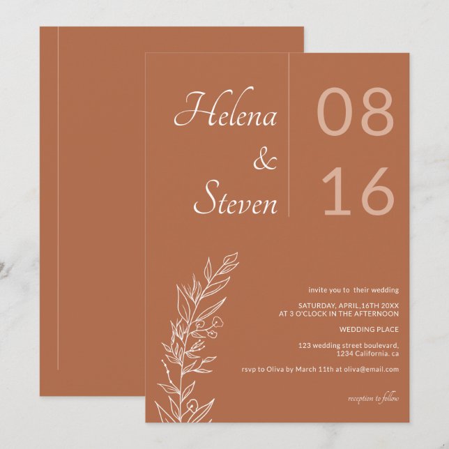 Dicke florale Boho Namen chic terracotta Hochzeit Einladung (Vorne/Hinten)