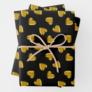 Dicke goldene Herzen Muster schwarz Geschenkpapier Set