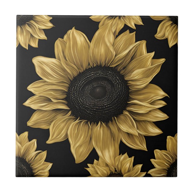 Dicke goldene Sonnenblume auf schwarz Fliese (Vorderseite)