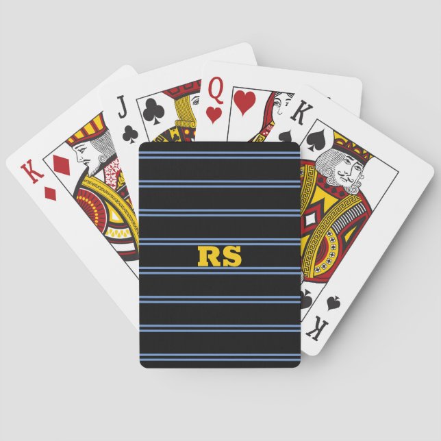 Dicke Goldmonogramm, Name, blaue Linien auf schwar Spielkarten (Rückseite)