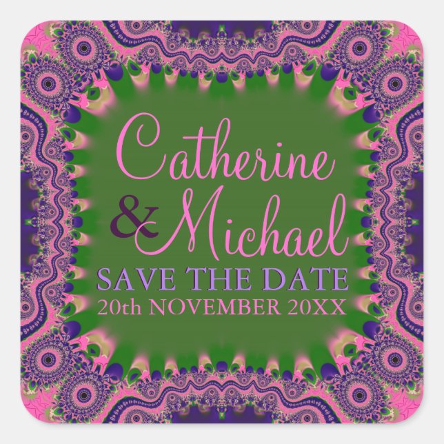 Dicke Grooves Bohemische Funky Save the Date Stick Quadratischer Aufkleber (Vorderseite)