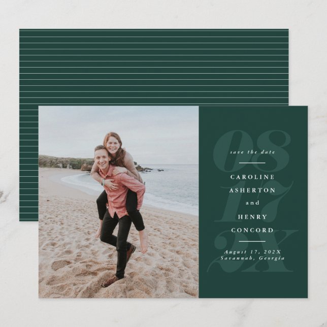Dicke grüne Typografie, elegantes Foto Save the Da Date (Vorne/Hinten)