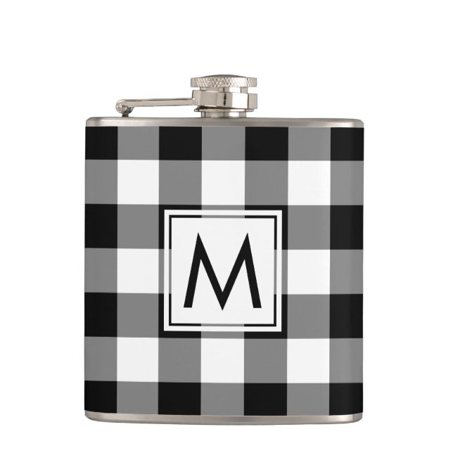 Dicke Karierte Schwarz-Weiß-Muster mit Monogramm Flachmann (Vorderseite)