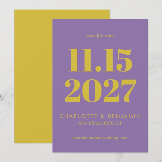 Dicke, Lila und gelbe Typografie Moderne Save The Date (Vorne/Hinten)