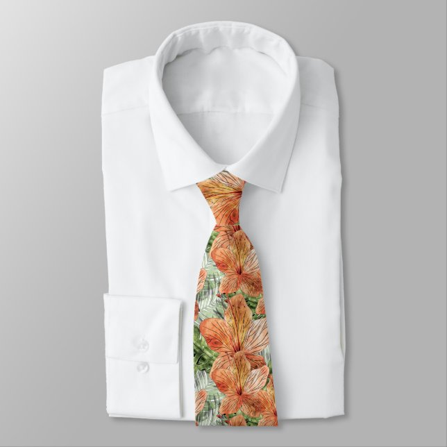 Dicke Mandarine Tropical Floral Wasserfarbe Grafik Krawatte (Gebunden)