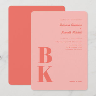 Dicke moderne Koralle mit rosa Monogramm Hochzeit Einladung