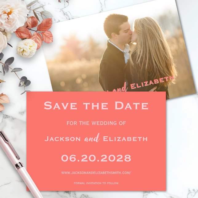 Dicke moderne Korallen und rosa Foto Hochzeit Save The Date (Coral and Pink Modern Save the Date with Photo)