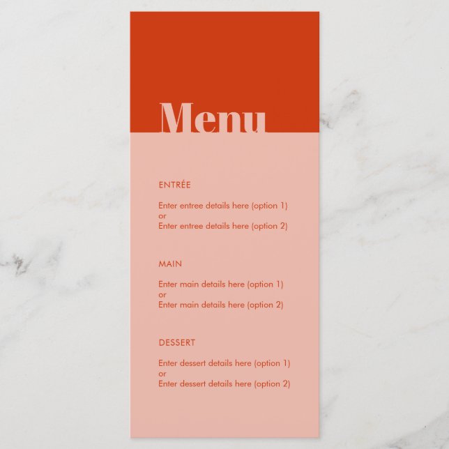 Dicke moderne minimale Typografie Orange Pink Wedd Menükarte (Vorderseite)
