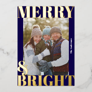 Dicke moderne Navy Blue Merry & Bright Foto Folien Feiertagskarte