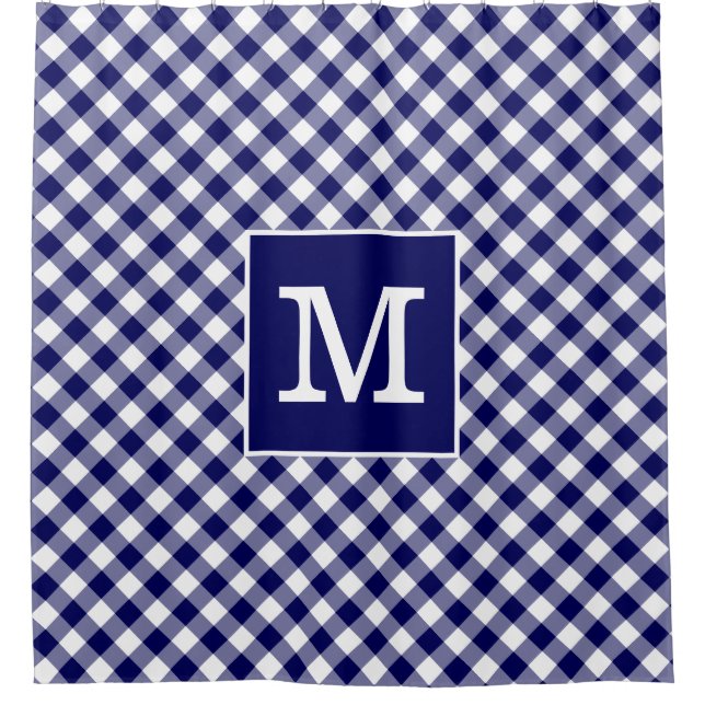 Dicke monogram Navy Blue und White Gingham Pattern Duschvorhang (Vorderseite)