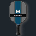 Dicke Monogramm & Name Ocean Blue Grau Black Strip Pickleball Schläger<br><div class="desc">Personalisieren Sie Ihre Monogramm und Ihren Namen in weißem, fett gedrucktem Text auf blaue, graue und schwarze Streifen.</div>