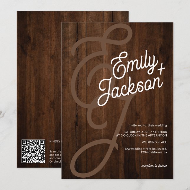 Dicke Monogramm Namen rustikales Holz qr Code Hoch Einladung (Vorne/Hinten)