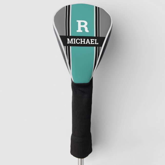 Dicke Monogramm und Name, Aquamarine graue Streife Golf Headcover (Vorderseite)