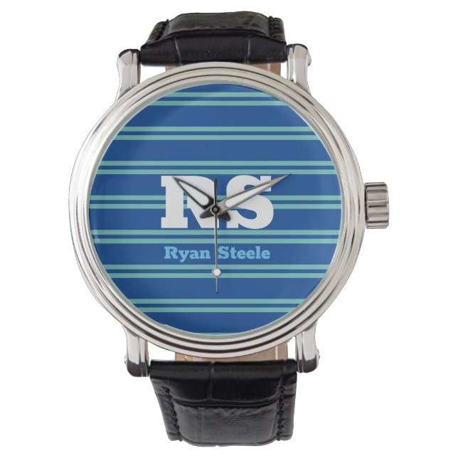 Dicke Monogramm und Name, Aquamarine Linien auf De Armbanduhr (Vorderseite)