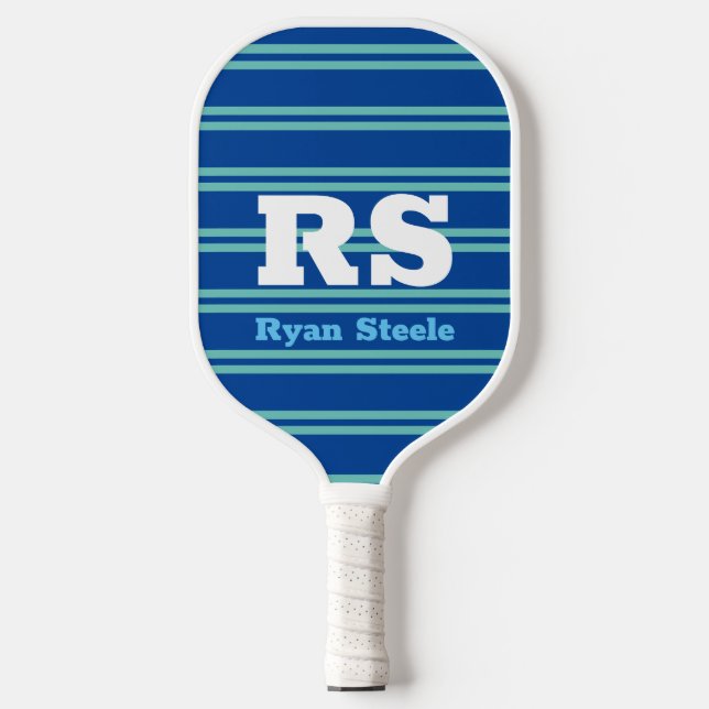 Dicke Monogramm und Name, Aquamarine Linien auf De Pickleball Schläger (Vorderseite)