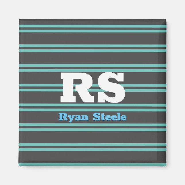 Dicke Monogramm und Name, Aquamarine Linien auf du Magnet (Vorne)