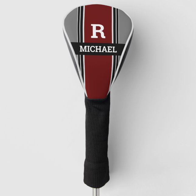 Dicke Monogramm und Name, dunkelrote, graue schwar Golf Headcover (Vorderseite)
