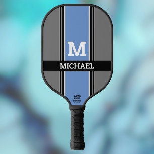 Dicke Monogramm und Name Med Blue Grau & Black Str Pickleball Schläger