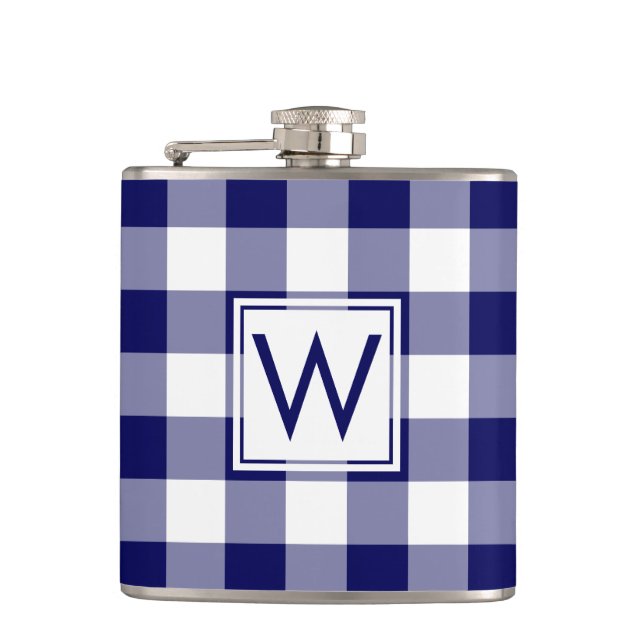 Dicke Navy und White Kariert Pattern mit Monogram Flachmann (Vorderseite)